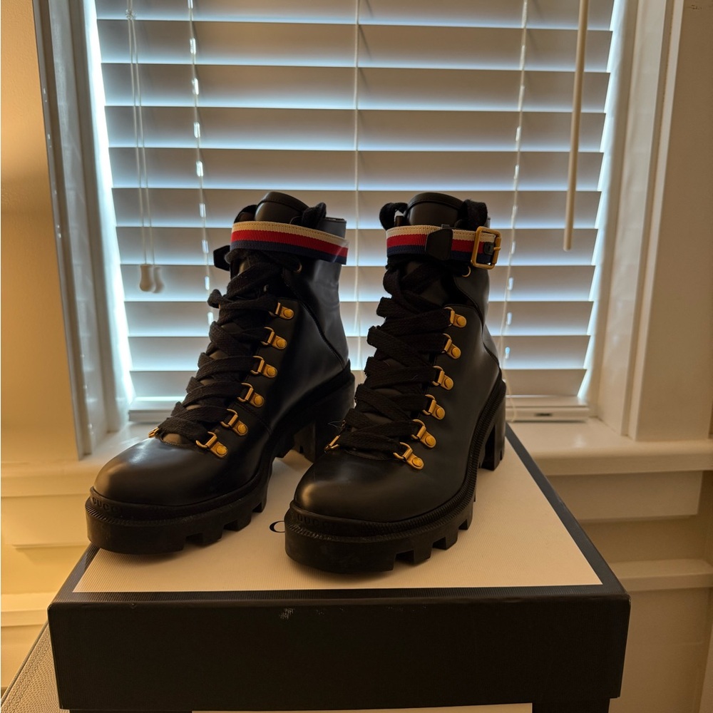 Gucci Black Lace-Up Boots with Gold Accents